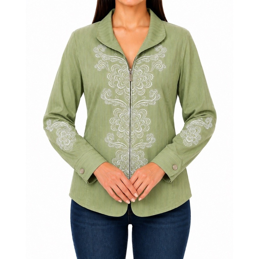Bob Mackie Wearable Art Womens L Jacket Sage Green Floral Embroidered Zip Front